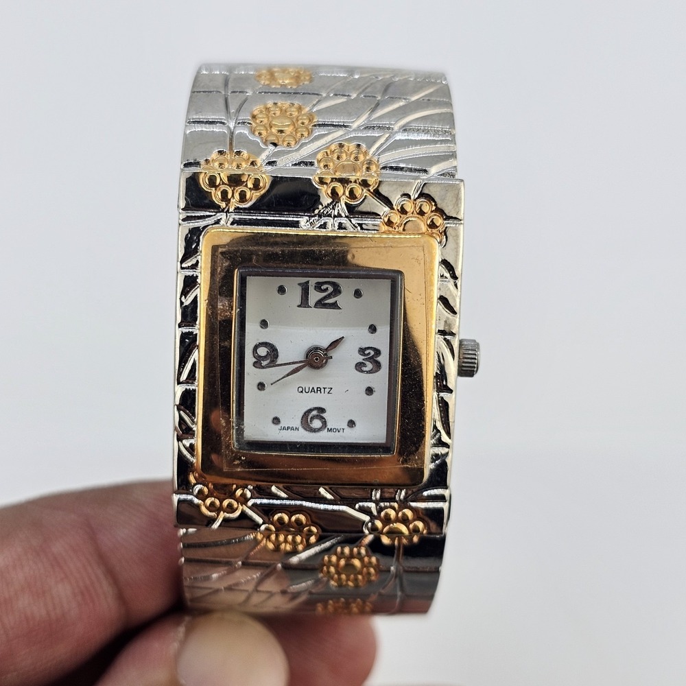 Women's Cuff Analog Watch 26MM White Dial Two Tone Bracelet Bands 5" NEW Battery